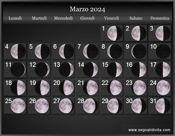 Calendario Lunare Marzo 2024 :: Fasi Lunari