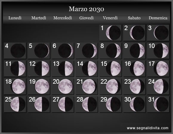 Calendario Lunare Marzo 2030 :: Fasi lunari