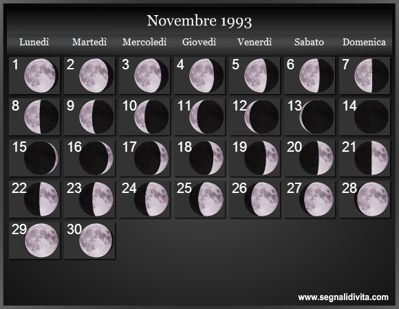 Calendario Lunare Novembre 1993 :: Fasi Lunari