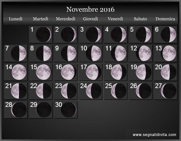 Calendario Lunare Novembre 2016 :: Fasi Lunari