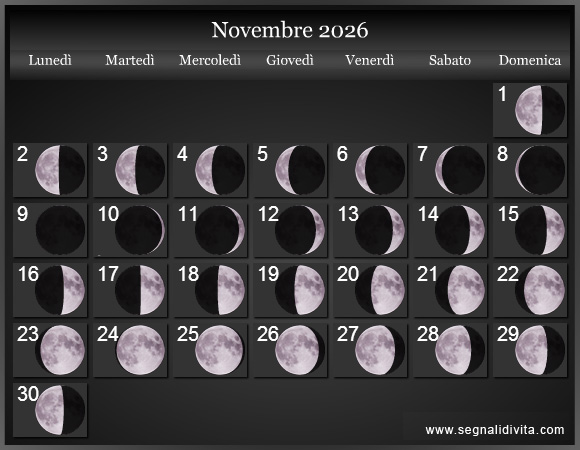 Calendario Lunare Novembre 2026 :: Fasi lunari