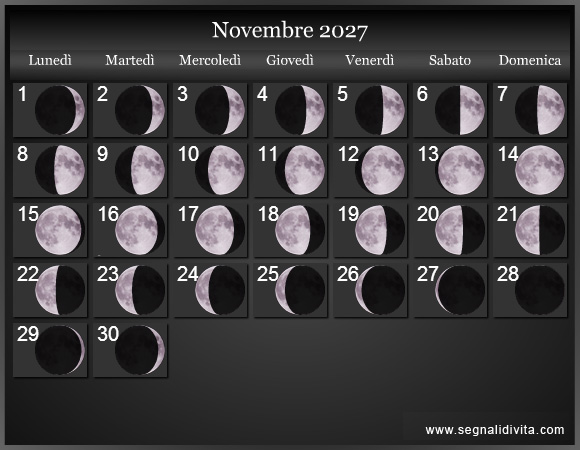 Calendario Lunare Novembre 2027 :: Fasi lunari