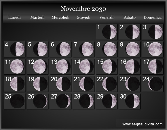 Calendario Lunare Novembre 2030 :: Fasi lunari