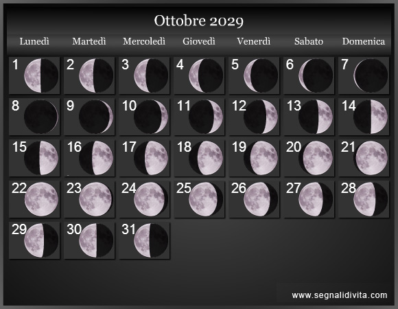 Calendario Lunare Ottobre 2029 :: Fasi lunari