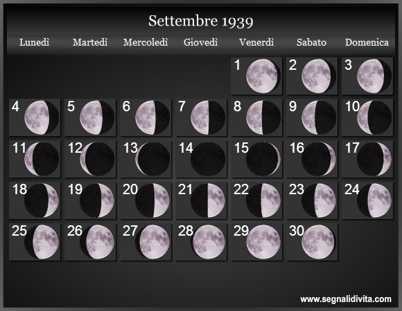 Calendario Lunare Settembre 1939 :: Fasi Lunari