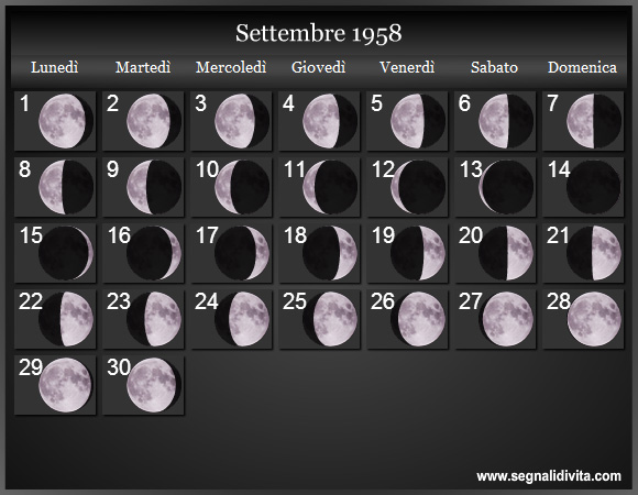 Calendario Lunare Settembre 1958 :: Fasi Lunari