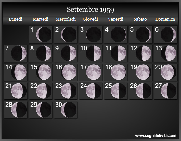 Calendario Lunare Settembre 1959 :: Fasi Lunari