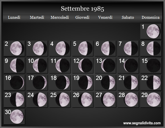 Calendario Lunare Settembre 1985 :: Fasi Lunari