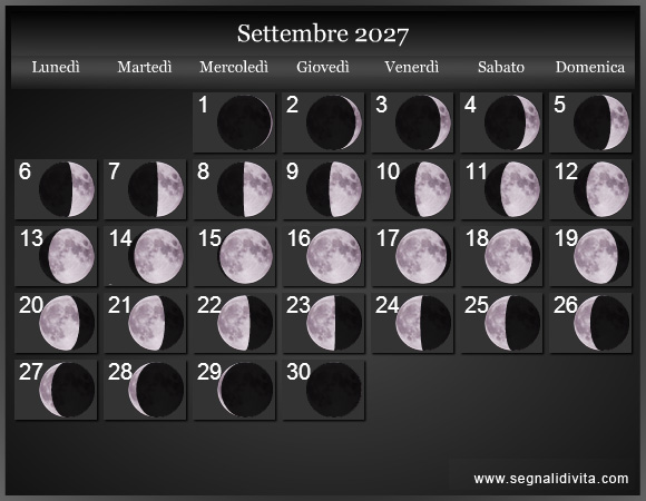 Calendario Lunare Settembre 2027 :: Fasi lunari