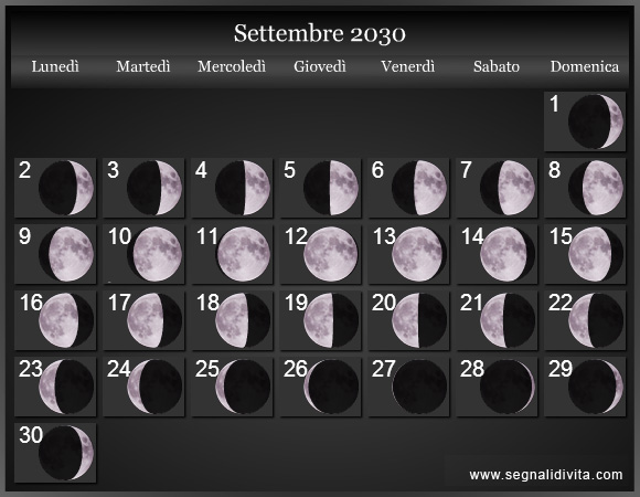 Calendario Lunare Settembre 2030 :: Fasi lunari